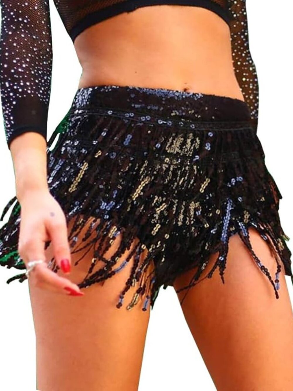 Yollmart Black Sequin Tassel Skirt Shorts Festival Dance Booty Shorts